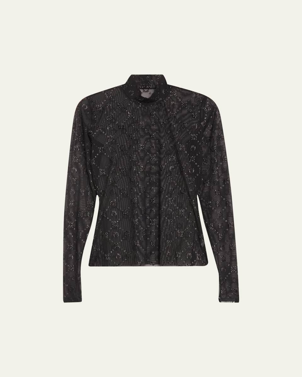 Regenerated Mesh Flock Glitter Mock-Neck Top